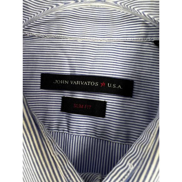 John Varvatos Shirt Slim Fit Stripe Button‎ Front Blue White Size 16 1/2 37 37 - Picture 2 of 10